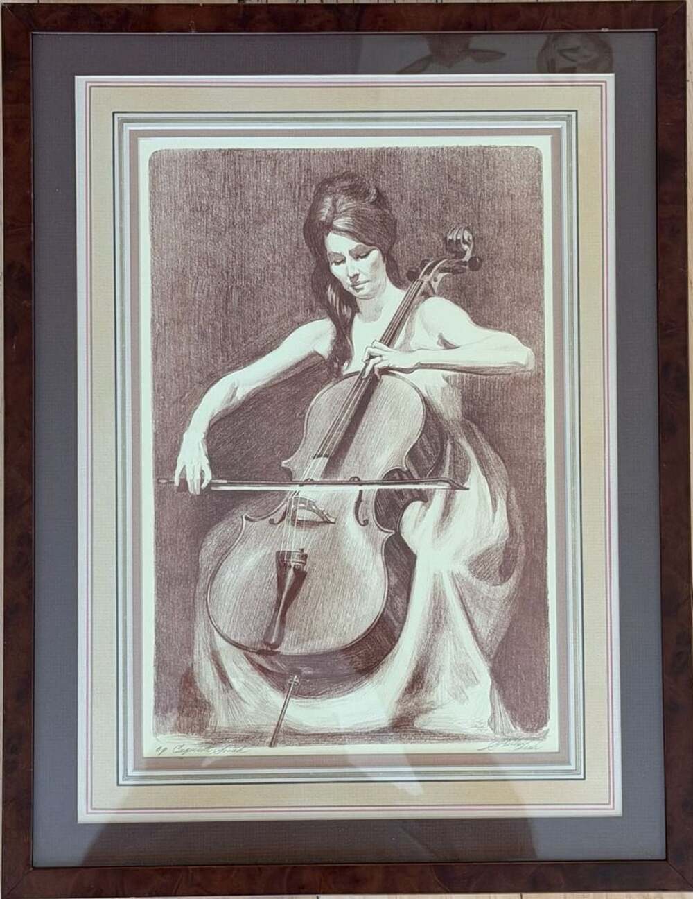 Shelly Fink Exquisite Sound Lithograph Signed (A.P.) Cellist Framed Art 1967
